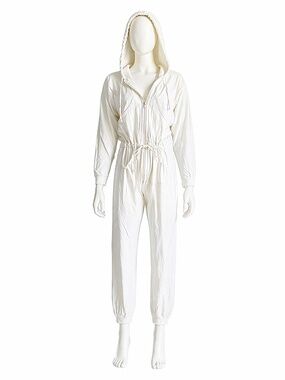 Norma Kamali OMO Jumpsuit White Cotton Hoodie Drawstring Waist Vintage 90s Sz M